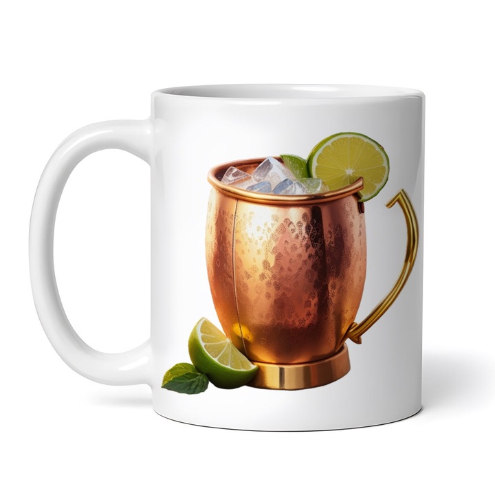 Cana alba personalizata, Cana de cupru cu cocktail Moscow Mule, INOVATIX®. 330ml