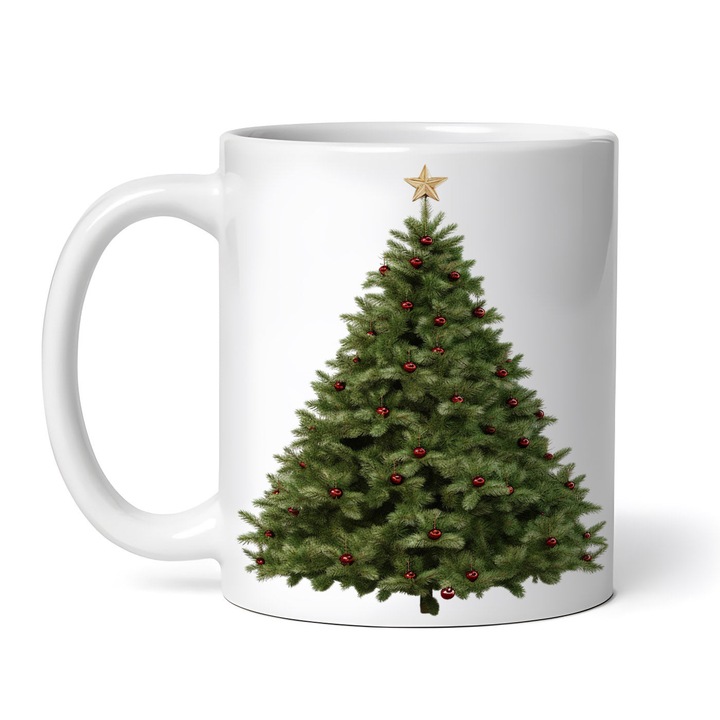 Cana alba personalizata, Brad de craciun cu globuri rosii, INOVATIX®. 330ml