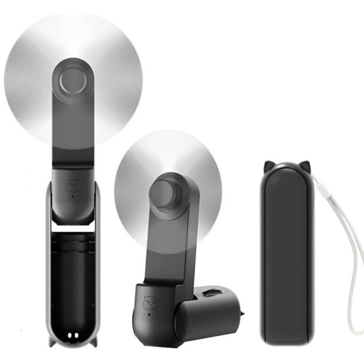 Вентилатор 3 в 1, Ултра преносим, ръчен, за врата, за бюро, 3 скорости, сгъваем с преносима батерия 1200mAh, черен, 35*37*119 мм