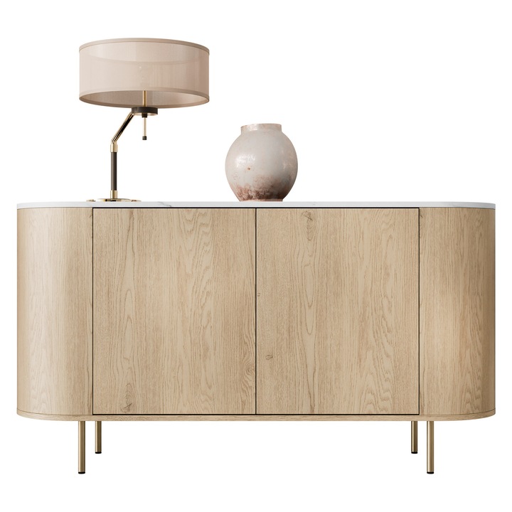 Comoda cu usi Nisken 140 2D, MIRJAN 24, stejar cremona / marmura alba + auriu, 75x40x139 cm