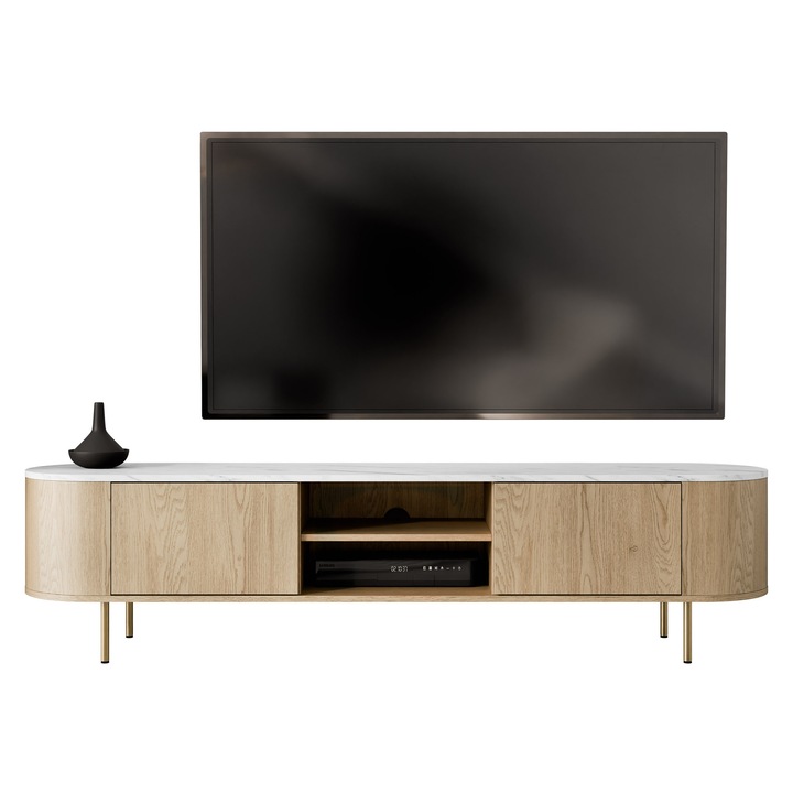 Comoda TV Nisken 180 2D, MIRJAN 24, stejar cremona / marmura alba + auriu, 45x40x184 cm