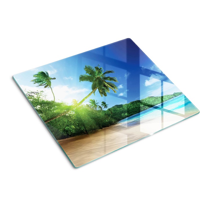 Üveg vágódeszka fényképpel, Tulup, Strand seychelle-szigeteken, Kék, 60x52 cm, 010010520040000034086