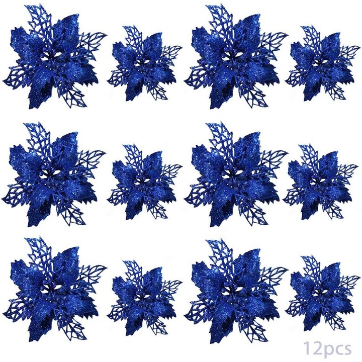 Set 12 flori artificiale HERUSI, argintiu albastru, 16x10cm, decor Craciun