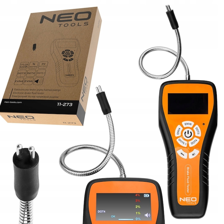 Tester electronic pentru lichid de frana NEO TOOLS, tipuri DOT3, DOT4, DOT5.1, EVN4, EVN6, display LCD, portocaliu, 14x3.5x25cm