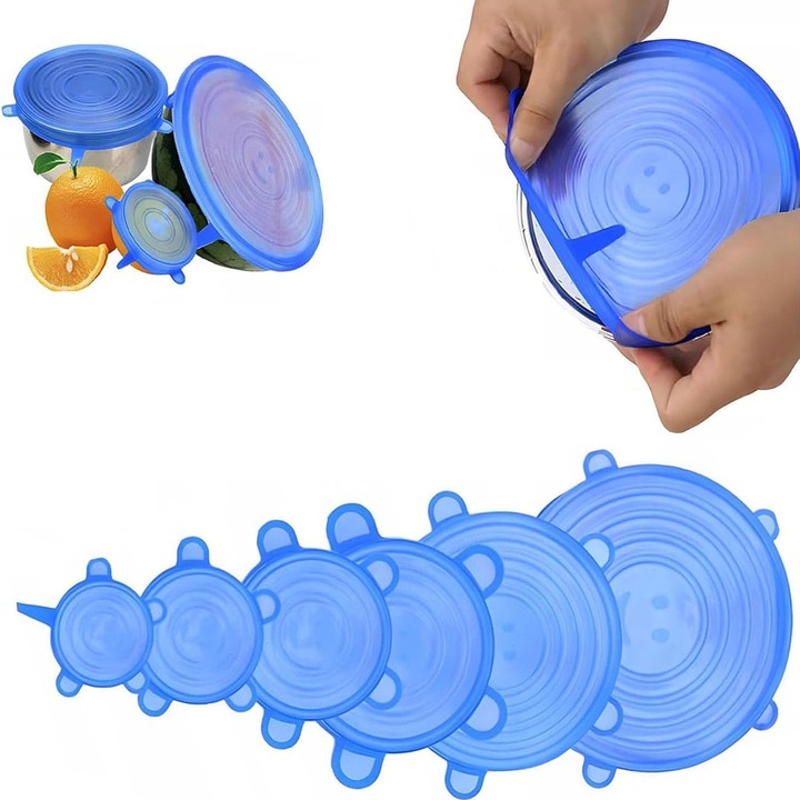 Set 6 capace flexibile din silicon, Axroad Mall, diferite dimensiuni, reutilizabile, elastice, Pastrati alimentele proaspete, Usor de curatat, Rezistente la temperaturi de -40C la 230C, Pentru cesti, boluri, farfurii, Albastru transparent