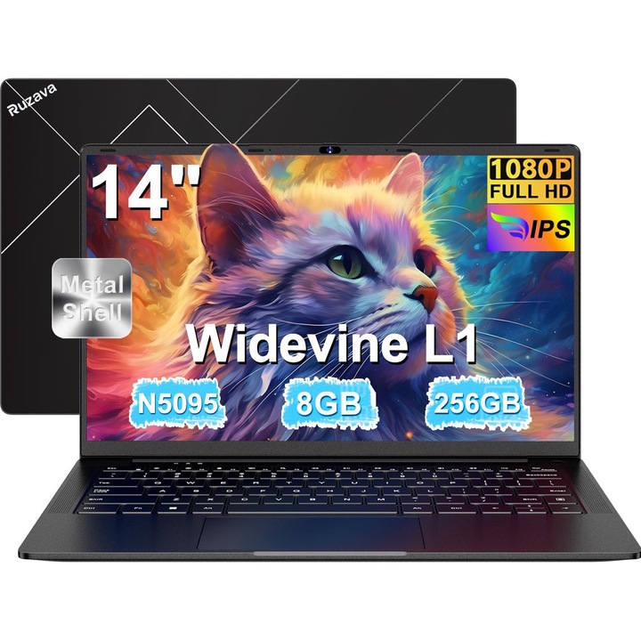 Laptop Computer 14 inci Celeron N5095 Pana la 2, 9 GHz Laptops 8GB RAM 256GB SSD TF 1TB LPDDR4 Win11 5G WiFi 1920 * 1080 FHD Widevine L1 Film de protectie engleza - Corp metalic negru