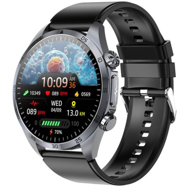 Ceas smartwatch, Valdus VE57 Pro, tensiune arteriala, terapie cu impulsuri, monitorizare saturatie oxigen si glucoza, EKG, termometru, monitorizare somn, IP68, negru