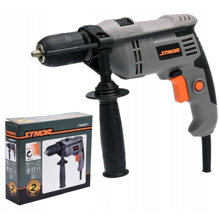 Masina de gaurit cu percutie Sthor 800W, 13mm, 0-3000 rpm, 3m, 2.1kg, set complet