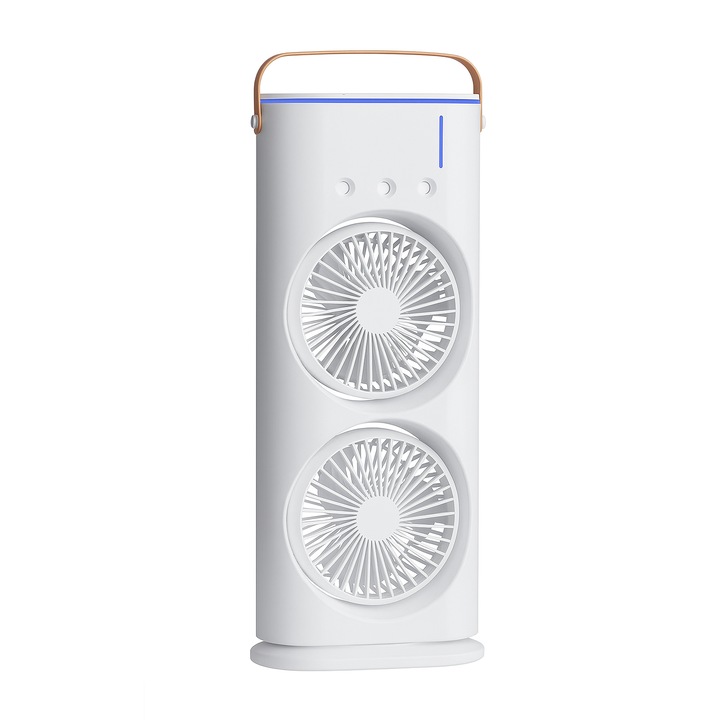 Ventilator Portabil cu Umidificator, 2 Ventilatoare, Rezervor de Apa 600ml, Alimentare USB, Iluminare LED, 3 Viteze si Temporizator