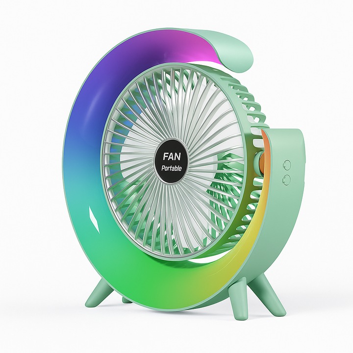 Ventilator de masa reincarcabil USB cu lumina LED curcubeu, 3 trepte de viteza, baterie incorporata, Verde