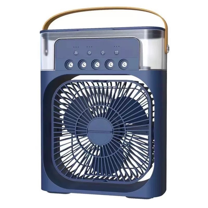 Ventilator de Birou Portabil cu Umidificator, Rezervor de Apa 600ml, 3 Viteze, Iluminare LED in 7 Culori, Alimentare USB Type-C, Albastru