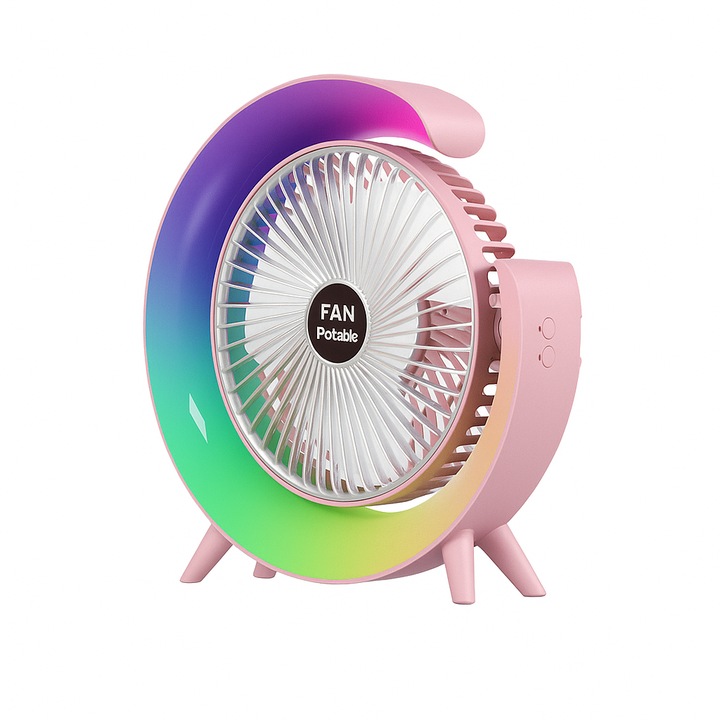 Ventilator de masa reincarcabil USB cu lumina LED curcubeu, 3 trepte de viteza, baterie incorporata, Roz