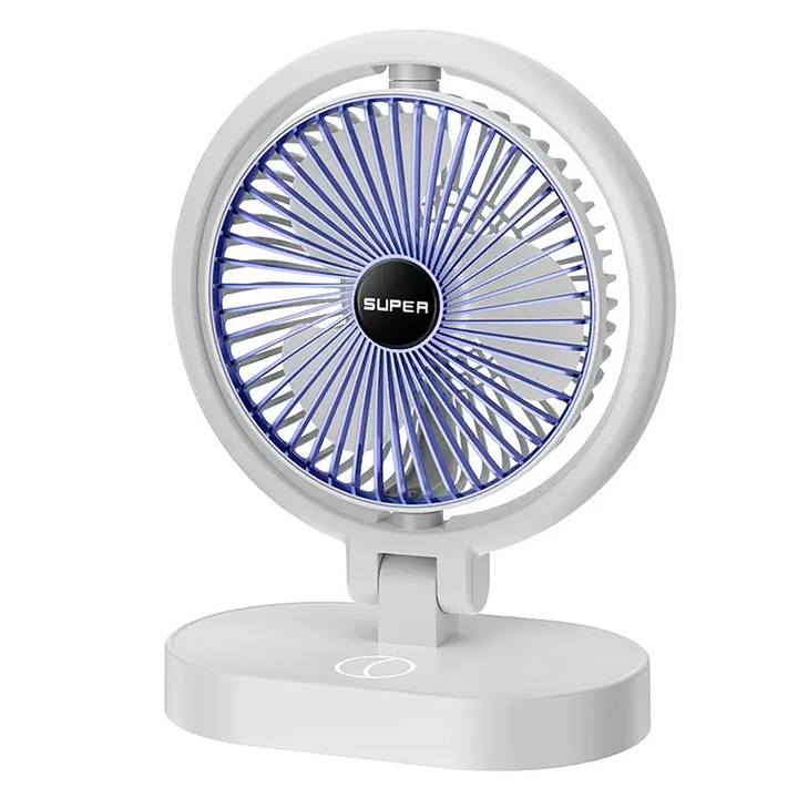 Ventilator de birou USB, silentios cu 3 viteze, cu unghi reglabil si buton tactil, alimentare prin USB, Alb & Albastru