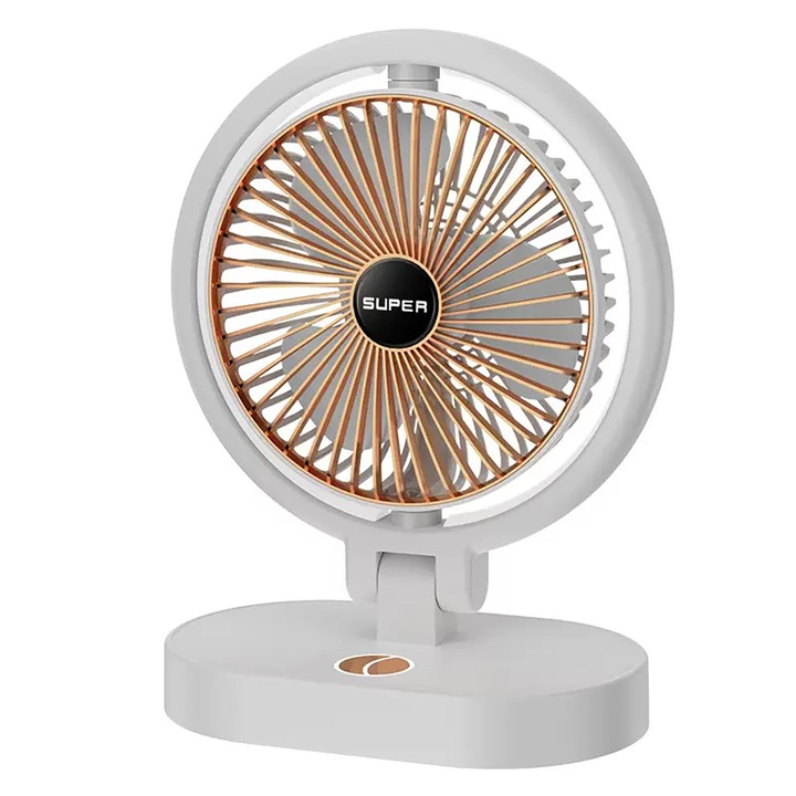 Ventilator de birou USB, silentios cu 3 viteze, cu unghi reglabil si buton tactil, alimentare prin USB, Alb & Auriu