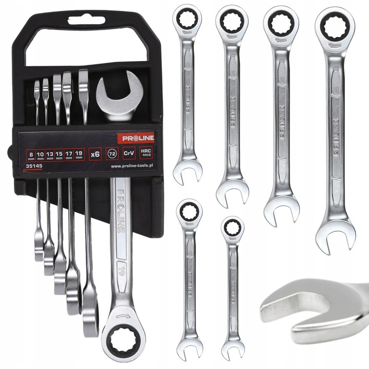Комплект тресчотки Proline, 6 части, 8x19 мм, хромирани, сатенирано покритие