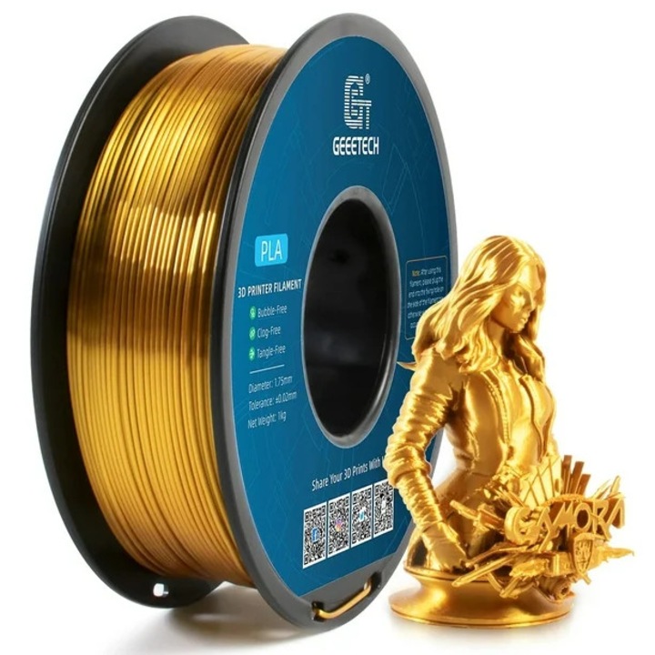 Rola filament 3D, Silk Gold PLA, 1kg, lungime 330 m, 1.75mm, culoare auriu lucios, Geeetech, compatibil cu majoritatea imprimantelor 3D tehnologie FDM, ideal pentru imprimantele BambuLab
