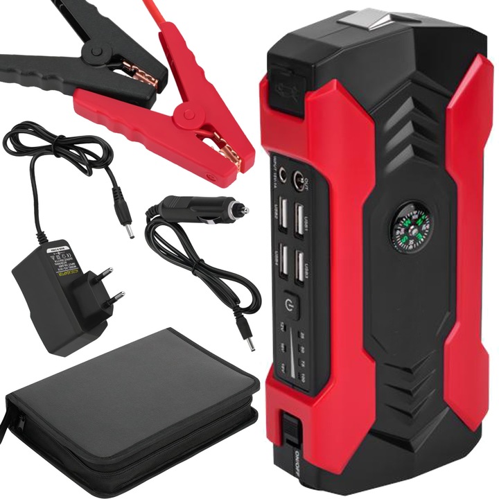 Dispozitiv Multifunctional Jump Starter Kd5491, Kraft&Dele, Kd5491, Curent De Varf 800A, Capacitate 28000 Mah, Tensiune De Iesire 12V, Conectori Universali: Usb-C, Microusb, Lightning, Rosu, Negru