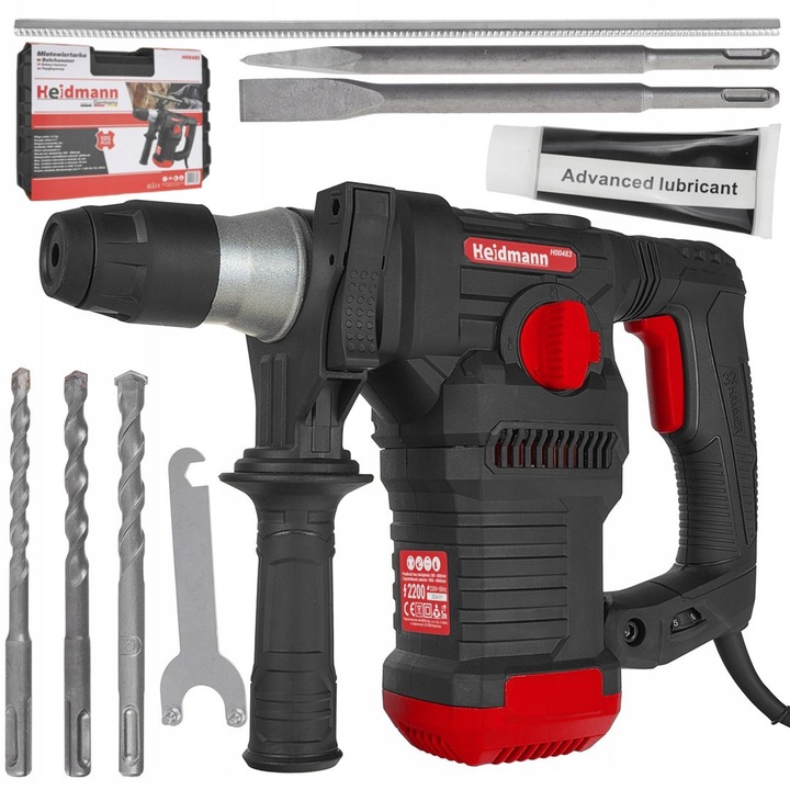 Heidmann fúrókalapács, 2200W, 6J, SDS Plus, tartozékokkal