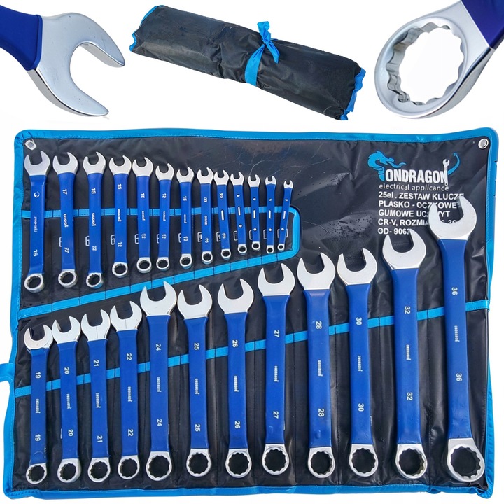 Set chei plasko-oczkowe 6-36mm 25 elemente Ondragon, din otel crom-vanadiu, cu maner din cauciuc