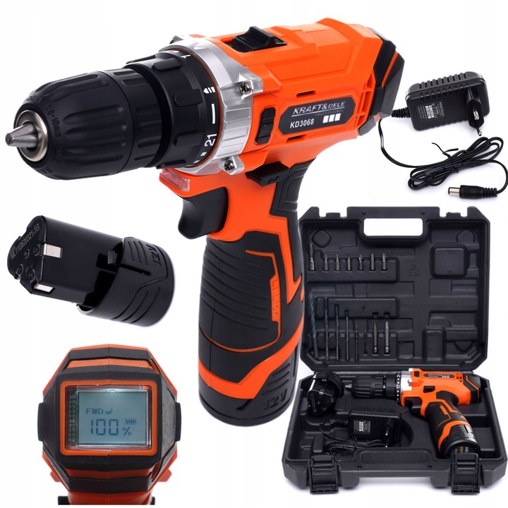 KD3068 fúró-csavarozó, 12 V-os Li-ion, 2 x 1,5 Ah, LCD, 21 pozíció, 7 bites és 7 fúrós készlettel, 2 kg
