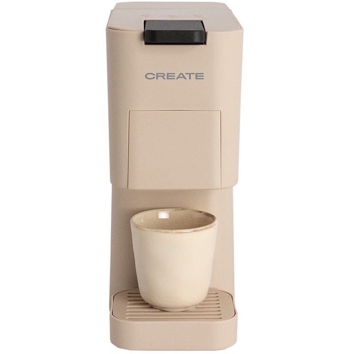 Еспресо машина CREATE 3 в 1, Thera Studio, автоматична, 19 бара, 0.6 литра, съвместима с капсули Nespresso, Dolce Gusto/мляно кафе, 2 функции за приготвяне, автоматично изключване, компактна, 1450 W, бежов