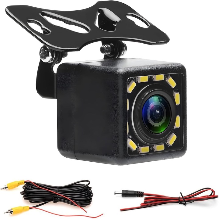 Camera marsarier auto, PsAyl®, 12 LED-uri, unghi vizualizare 170°, Night-Vision, rezistenta la socuri, praf, Rezistenta la apa, compatibila cu Majoritatea Masinilor, Negru