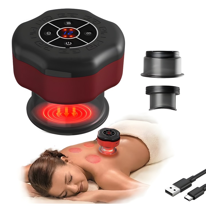 Aparat Electric pentru Masaj Teno®, tip ventuza, 12 niveluri de incalzire si de presiune, promoveaza circulatia sangelui, pentru masaj/tonifiere/drenaj limfatic, protectie impotriva supraincalzirii, rosu