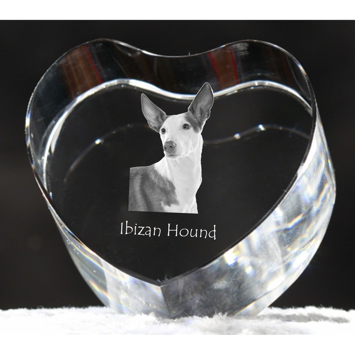 Kristály szív személyre szabott fényképpel, Art-Dog, 7,5x8x5cm, dekoratív, Ibizai vadászkutya modell