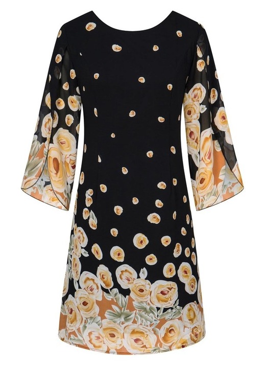 Rochie elegantapeste genunchi, mulata pe corp, maneci 3/4, Negru cu flori galbene L