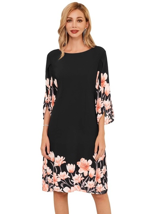 Rochie elegantapeste genunchi, mulata pe corp, maneci 3/4, Negru cu flori roz L