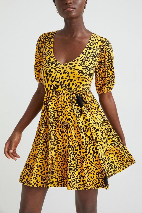 Rochie scurta evazata din viscoza cu imprimeu animal print Akrom, Negru/Galben