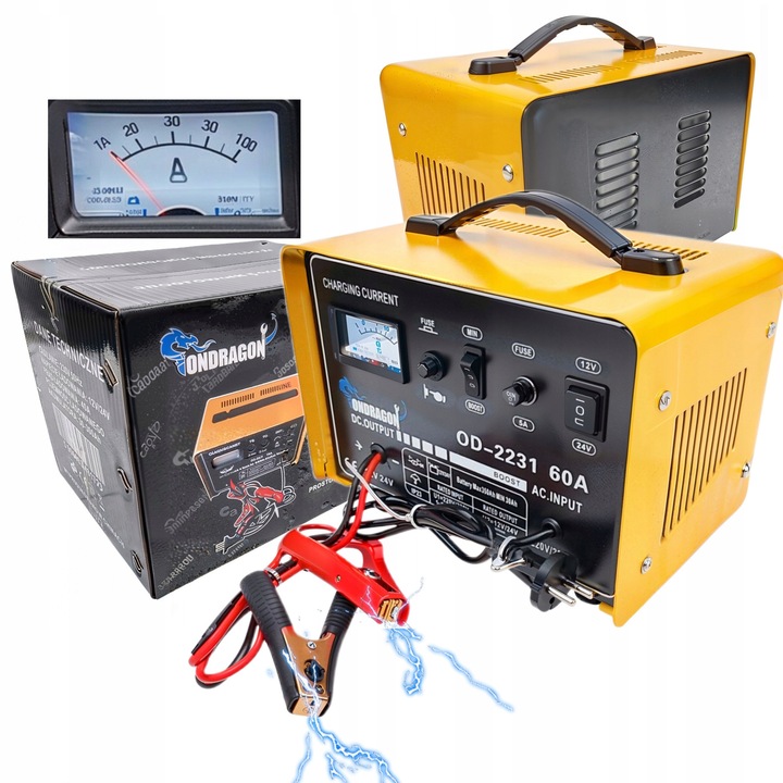 Redresor auto, Ondragon, 60A 12/24V cu functie de pornire, capacitate 30-350Ah, carcasa metalica