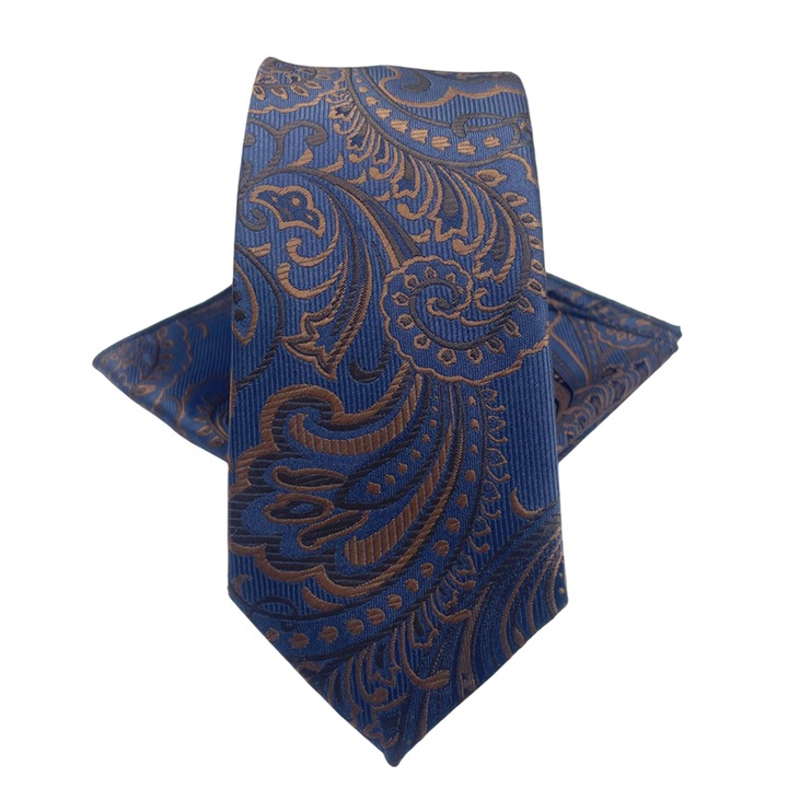 Set cravata slim cu batista Paisley GREGORY, PRAVALIA CU SURPRIZE, Bleumarin/ Maro
