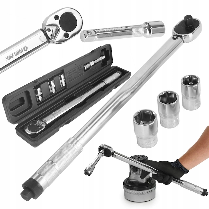 Cheie dinamometrică MAR-POL 1/2" 28-210Nm, set 3 nasade 17x19x21mm, extensie 125mm
