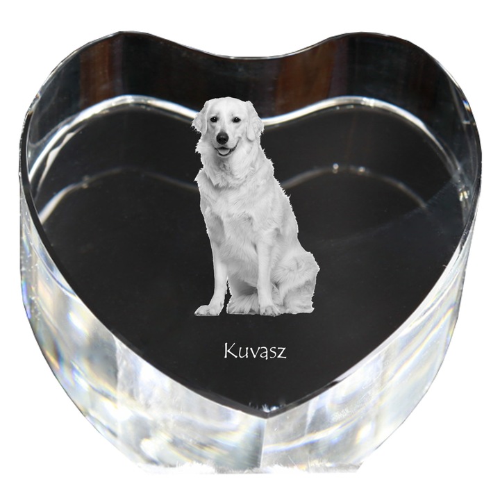 Kristály szív személyre szabott fényképpel, Art-Dog, 7,5x8x5cm, dekoratív, Kuvasz modell