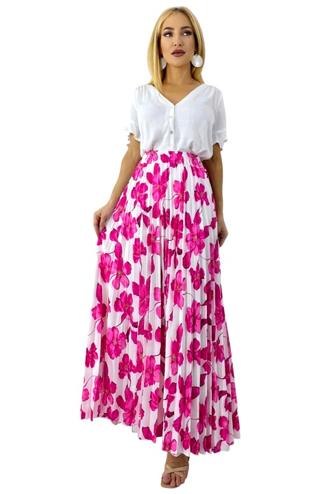 Fusta lunga de vara, plisata ALVINA cu imprimeu floral, Fucsia, Marime universala S/M
