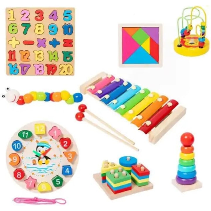 Set de 8 jucarii educationale din lemn, Nicerpro, dezvoltare motorie, coordonare, multicolor, pentru 2-6 ani