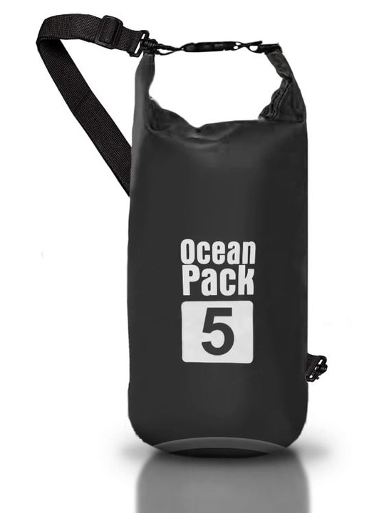Суха чанта Ocean Pack 5L – 100% водоустойчива, защита от вода, пясък и прах, включена регулируема презрамка – черна