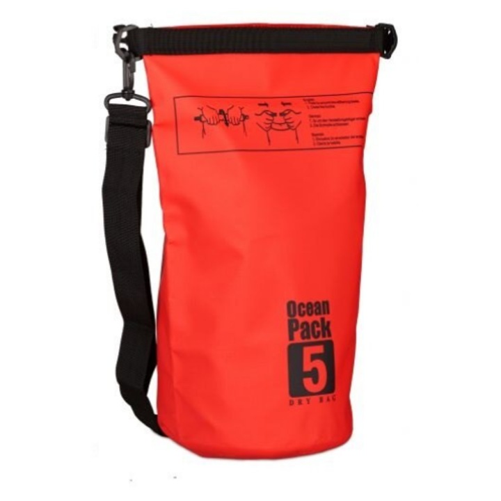 Суха чанта Ocean Pack 5L – 100% водоустойчива, защита от вода, пясък и прах, включена регулируема презрамка – червена