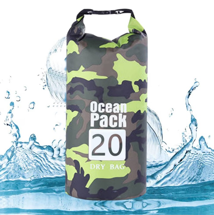 Водоустойчива чанта Ocean Pack, 20L, Camo, защита от вода, пясък и прах, включена регулируема презрамка – зелена
