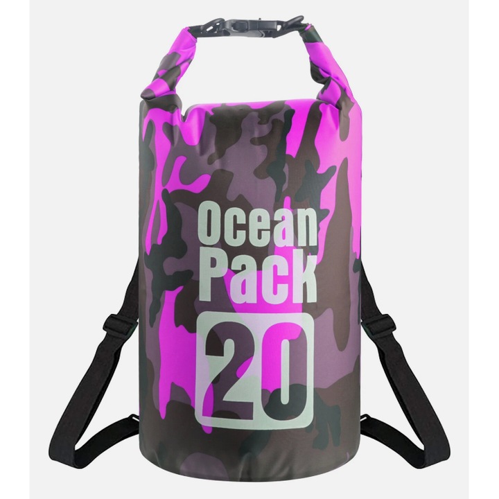 Сак за багаж Ocean Pack 20L Camo – 100% водоустойчив, защита от вода, пясък и прах, включена регулируема презрамка – розов