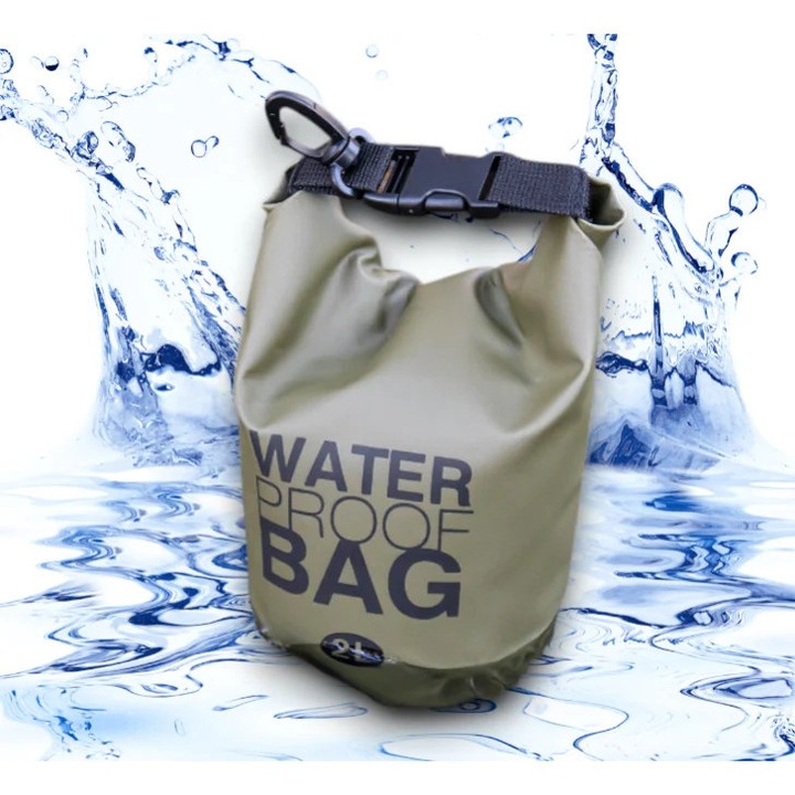 Sac Etans Ocean Pack 2L – 100% Impermeabil, Protectie Contra Apelor, Nisipului si Prafului - Verde inchis