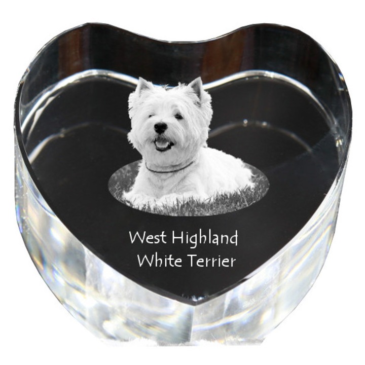 Inima din cristal cu fotografie personalizata, Art-Dog, 7,5x8x5cm, Model West Highland White Terrier
