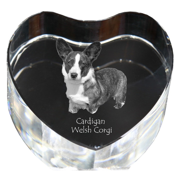 Kristály szív személyre szabott fényképpel, Art-Dog, 7,5x8x5cm, egyedi dekoráció, Welsh Corgi modell