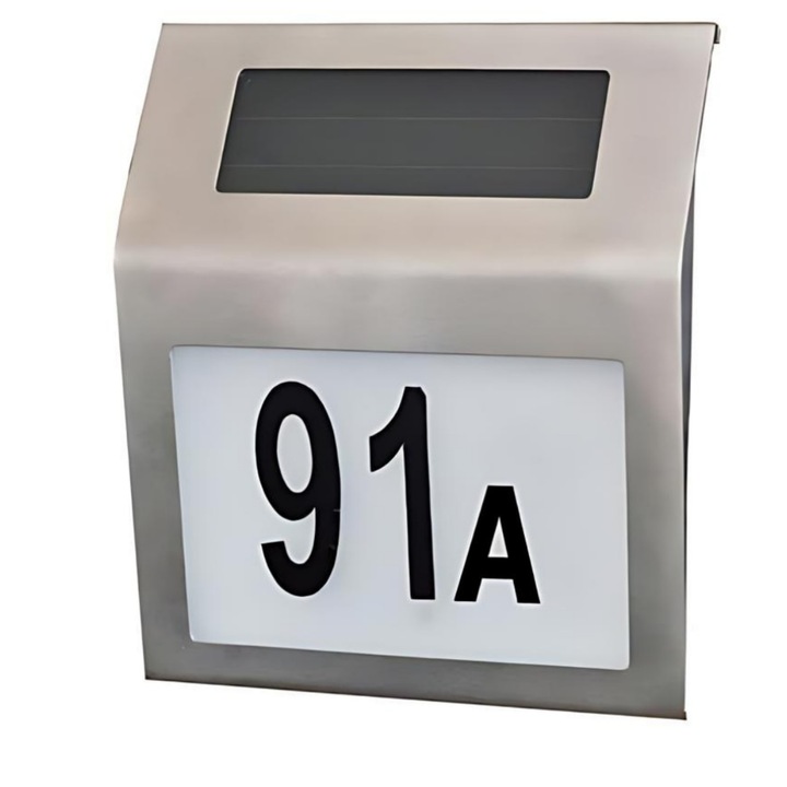 Placa Numar Casa Macvi® cu Iluminare Solara LED Montaj Exterior, Detectie Automata Noapte-Zi, Rezistenta la Intemperii, din Inox