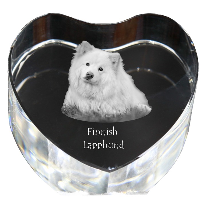 Kristály szív személyre szabott fényképpel, Art-Dog, 7,5x8x5cm, dekoratív, Finn lapphund modell