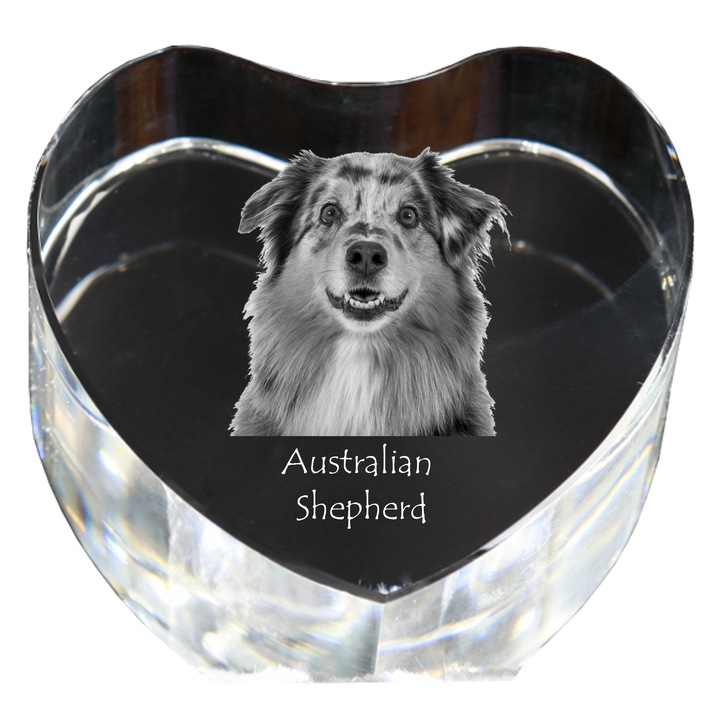 Inima din cristal cu fotografie personalizata, Art-Dog, 7,5x8x5cm, decorativa, Model Ciobanesc Australian