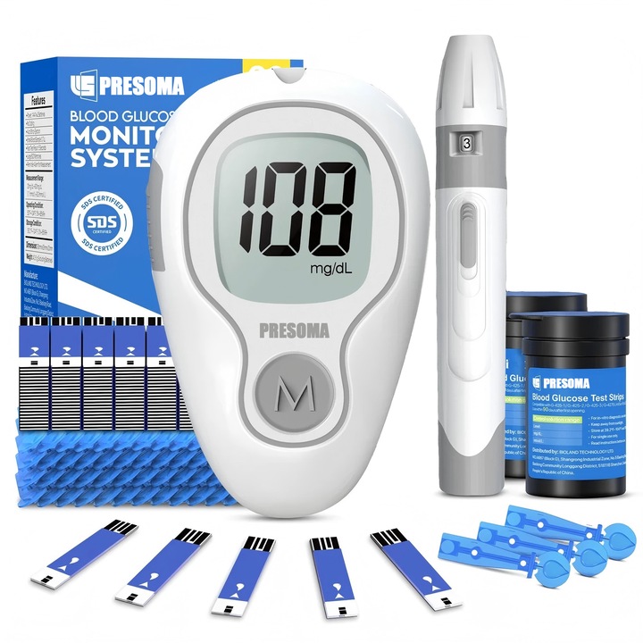 Glucometru portabil, PRESOMA®, pentru Monitorizarea Glicemiei, Rezultate Rapide si Precise, cu 50 de benzi de testare si 50 de ace de colectare a sangelui, Portabil