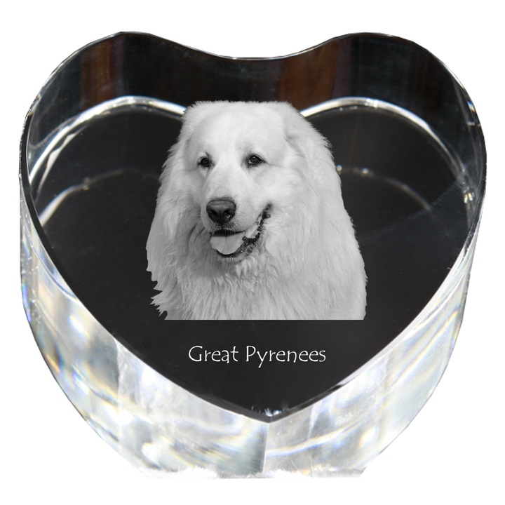 Kristály szív személyre szabott fényképpel, Art-Dog, 7,5x8x5cm, egyedi dekoráció, pireneusi hegyikutya modell