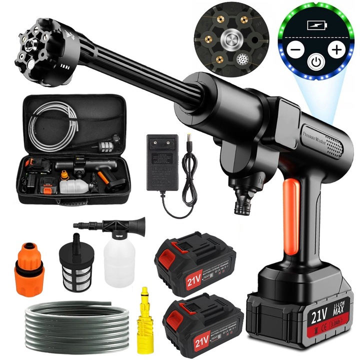 Aparat De Spalat Cu Presiune Portabil Pistol, Ydene®, 3500W, Pe Acumulator, 200 bar, Jeturi - 0°, 15°, 25°, 40°, dus si spuma, 2x Baterie 3.0Ah, 5m Furtun, Geanta De Transport, Set Complet, Negru - pentru Masina, Garduri, Terase si Patio